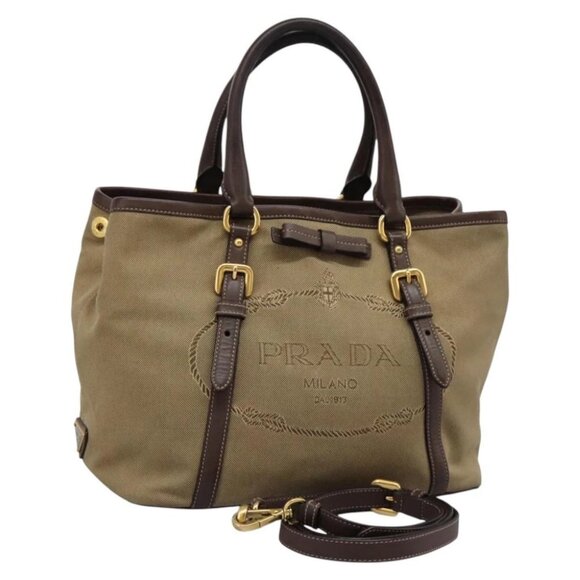 PRADA Hand Bag Canvas 2way Brown Gold - Picture 1 of 15